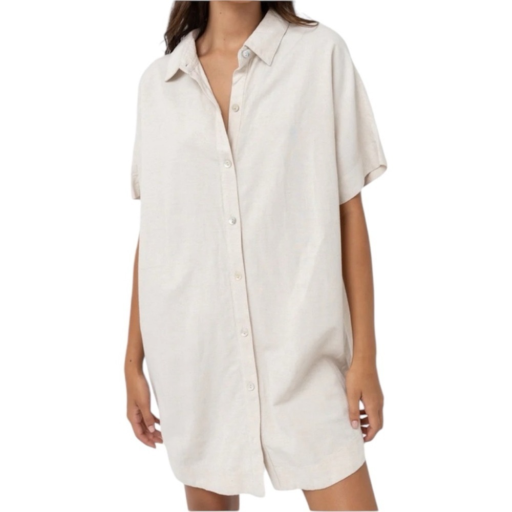Rhythm Classics Beige Linen Short Sleeve Shirt Dress